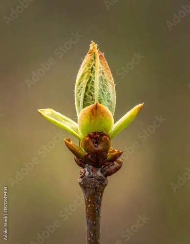 Emerging leaf bud on a twig, soft green hues with brown accents, captured close-up against a blurred, neutral background