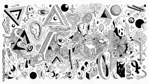 Abstract Surreal Doodle Art with Geometric Shapes and Eyes.