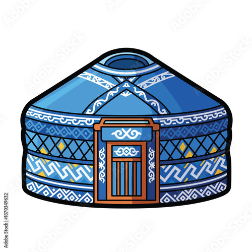 A blue yurt with intricate patterns