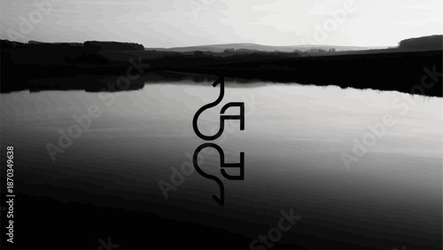 Abstract symbol reflected in still water at dusk.