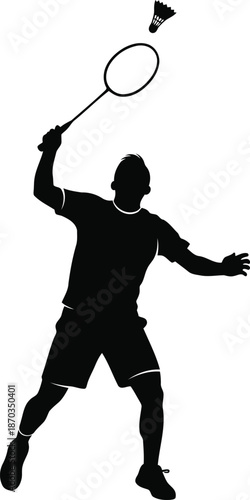 Dynamic silhouette of a male badminton player executing a powerful shot with racket and shuttlecock