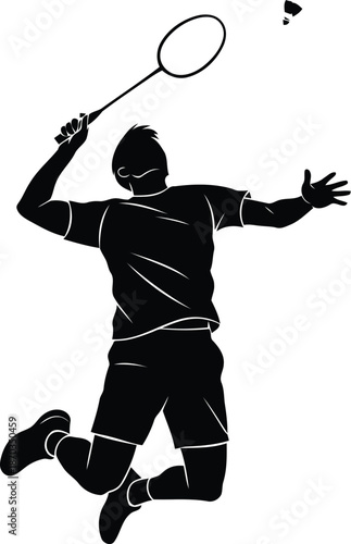 Dynamic silhouette of a badminton player jumping high to execute a powerful smash shot
