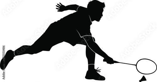 Dynamic silhouette of a badminton player lunging forward to hit the shuttlecock