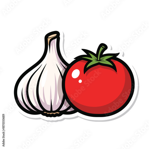 A cartoon drawing of a red tomato next to a white garlic bulb