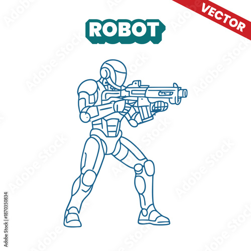 Futuristic Robot Soldier Aiming Rifle Vector Illustration. Sci-Fi Cyborg Warrior Holding Gun Line Art Design. Mechanical Android Infantry Armed with Weapon Vector
