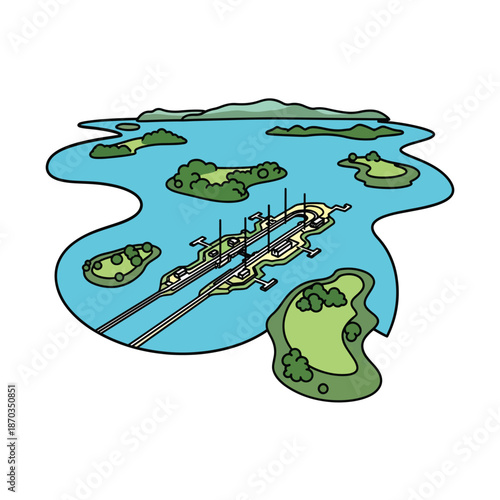 A cartoon map of a body of water with landmasses and a bridge