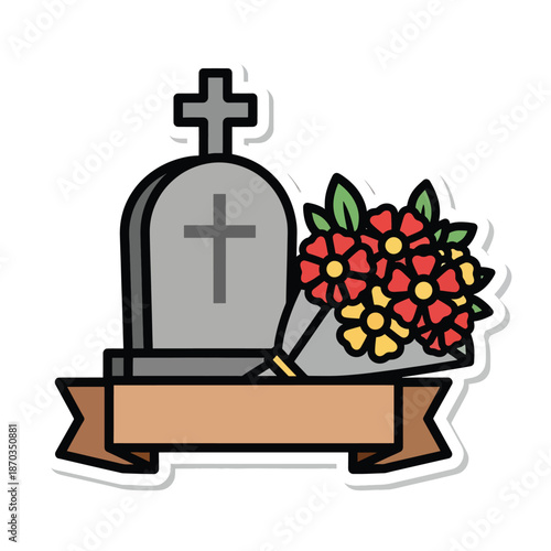 A cartoon gravestone with flowers and a banner