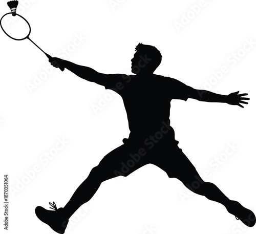 Energetic badminton player silhouette in mid air action with racket and shuttlecock