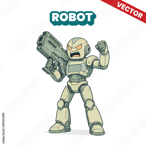 Action Pose of White Android Warrior Jumping and Shooting Vector Art