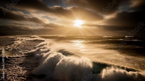 Captivating ocean waves with golden sunlight breaking through dark storm clouds cinematic sea view