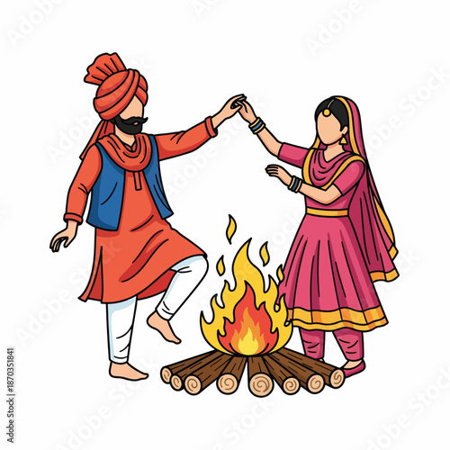 A cartoon illustration of a man and woman in traditional attire dancing around a fire