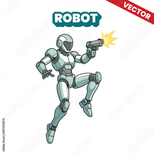 Cybernetic Android Soldier Shooting Dual Pistols Action Pose Vector