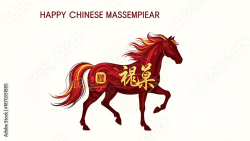 Vibrant red horse with flowing mane and tail featuring chinese characters on body with chinese new year and horse illustration and festive design