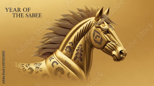 Golden horse head with decorative patterns on a brown background with horse illustration and animal art and equine art and symbolic image and ornamental design