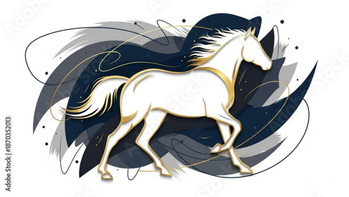 A white horse with a flowing mane and tail runs dynamically against a swirling abstract background of dark blues and grays with golden highlights