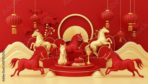Red and gold decorative horses and cat figurines on a round table with hanging lanterns and mountain scenery with festive and chinese and new year