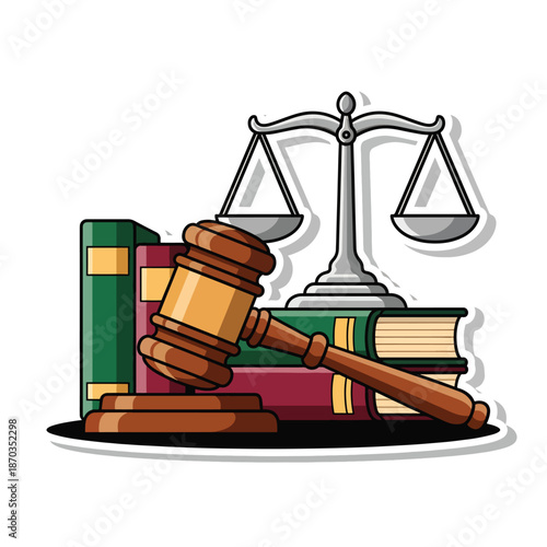A cartoon illustration of law books, a gavel, and scales