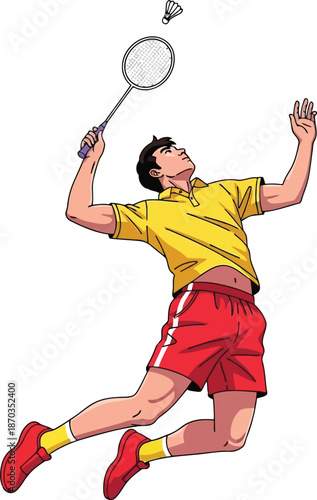 Energetic man jumping high to strike a shuttlecock with a badminton racket