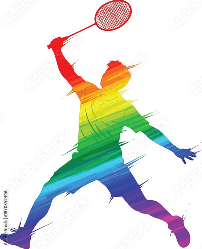 Vibrant rainbow silhouette of a badminton player in a dynamic action pose