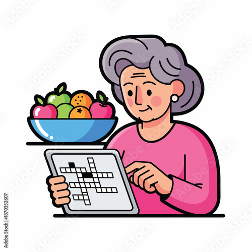 A cartoon woman with gray hair doing crossword