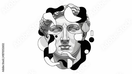Ancient Greek sculpture head with abstract modern shapes.