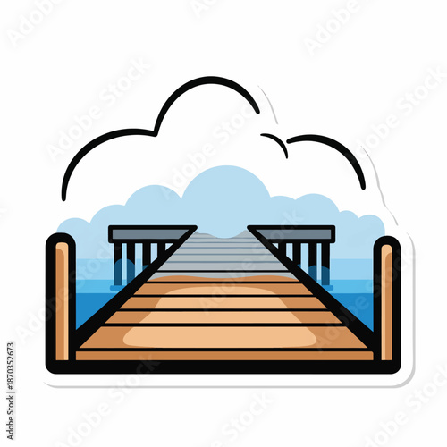 A cartoon wooden pier on a calm sea