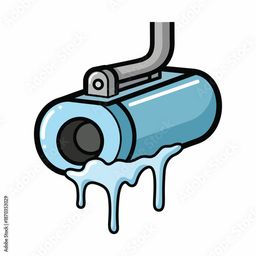 A cartoonish illustration of a paint roller with dripping blue paint