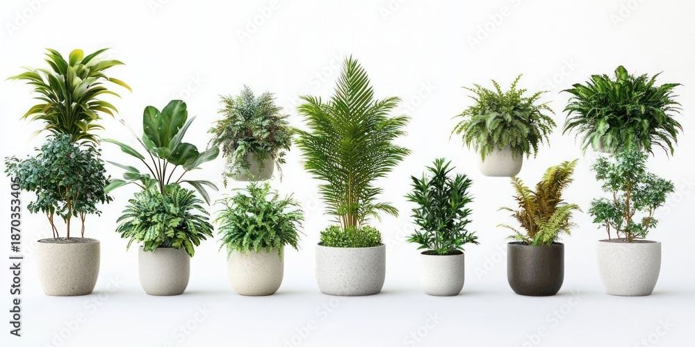 Fototapeta premium Row of assorted lush green houseplants in neutral ceramic pots against a white background, minimalist bright display evoking freshness and calm