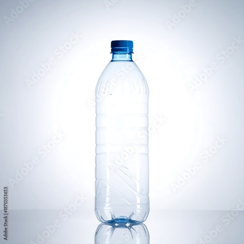 Empty clear plastic water bottle with a blue cap set against a bright white background
