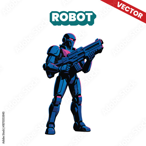 Blue Sci-Fi Robot Soldier with Heavy Laser Rifle - Futuristic Combat Android Warrior Vector Illustration