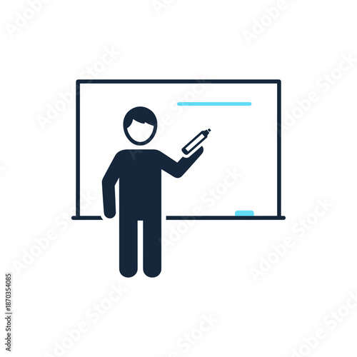 Vector illustration of a teacher actively presenting information on a whiteboard, symbolizing education, instruction, and the transfer of knowledge in a learning environment