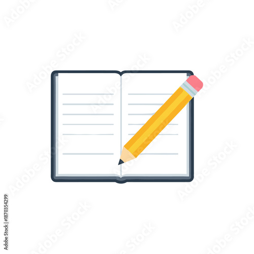 Simple flat vector illustration of an open notebook with a pencil actively writing, symbolizing education, creativity, and the act of jotting down ideas