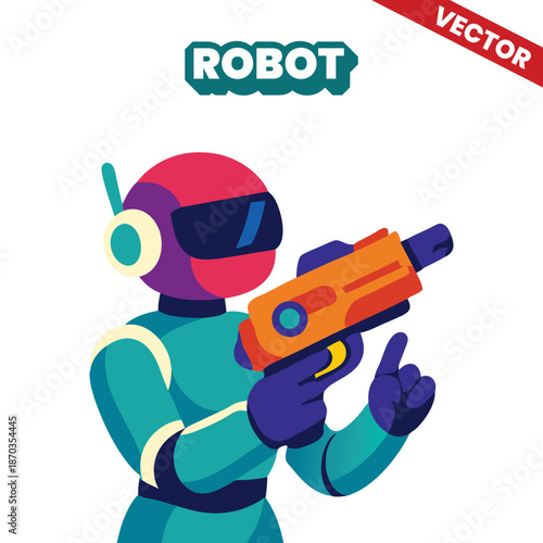 Futuristic Sci-Fi Soldier Robot with Laser Rifle - Combat Android Character Design Vector Illustration