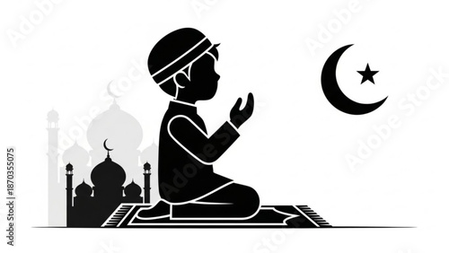 Silhouette of a young Muslim boy praying on a prayer mat with a mosque and crescent moon symbol in the background representing Islamic faith and devotion