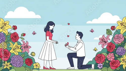 Man proposing to woman with engagement ring in a blooming garden romantic proposal scene illustration for love and relationship concepts