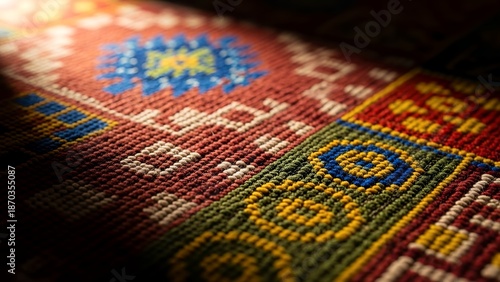 Close up of rug with colorful pattern on it surface with person.