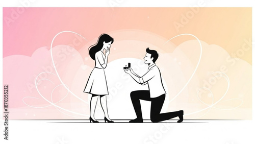 Man proposing marriage to woman with engagement ring romantic proposal scene illustration for love and relationship concepts