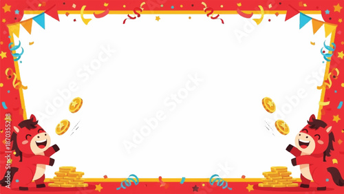 Chinese new year horse border frame with lucky gold coins.