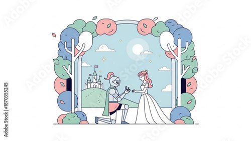 Knight proposing to princess in front of castle romantic fairy tale scene with trees and sky vector illustration for storybook and fantasy concept