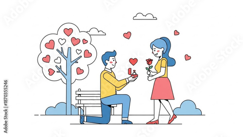 Man proposing marriage with a ring to a woman in a park surrounded by hearts and a rose representing love and romance flat vector illustration