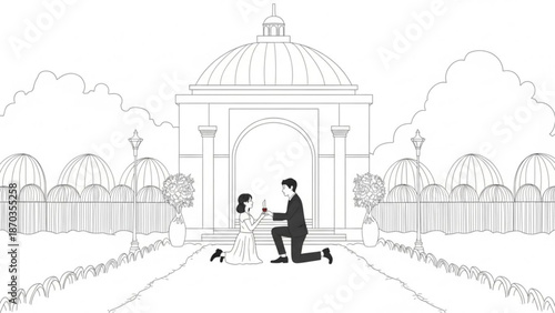 Man proposing to woman with engagement ring in a formal garden romantic proposal scene line art illustration for wedding or anniversary