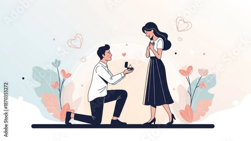Man proposing marriage to woman with engagement ring romantic proposal scene with hearts and flowers illustration for love and relationship concepts