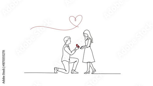 Man proposing to woman with engagement ring romantic gesture in minimalist line art style symbolizing love and commitment for wedding invitations or greeting cards