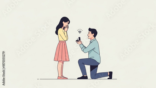 Man proposing marriage to surprised woman with engagement ring romantic proposal scene illustration for love and relationship concepts
