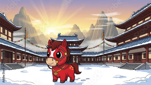 Red cartoon horse in a snowy asian temple courtyard scene.
