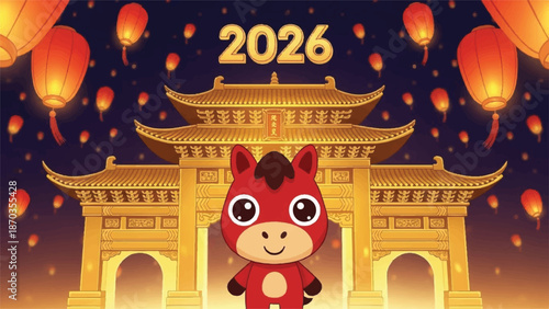 Year of the horse 2026 with chinese temple gate and lanterns.