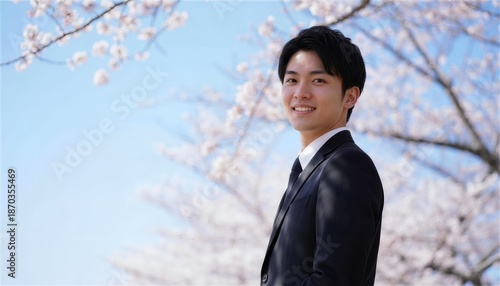 桜の木の下で爽やかに振り返るスーツ姿の男性新入社員