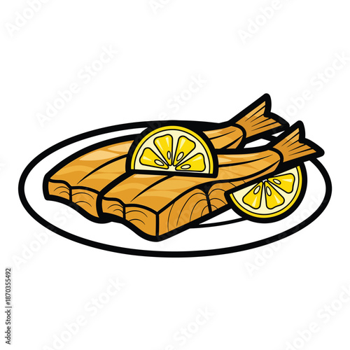A plate of grilled fish with lemon slices