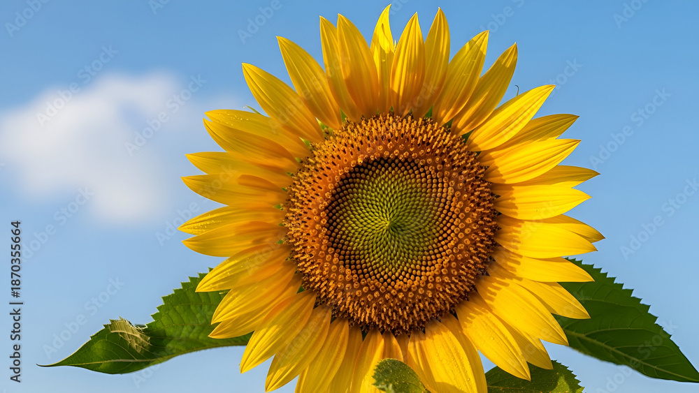Naklejka premium Bright Sunflower Bloom Against Clear Blue Sky