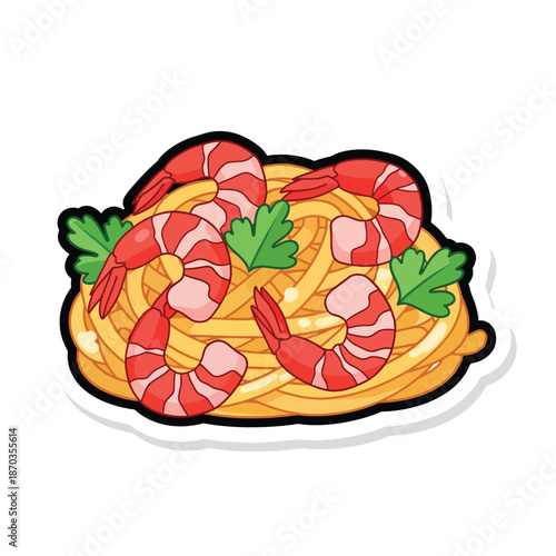 A plate of spaghetti with shrimp and parsley